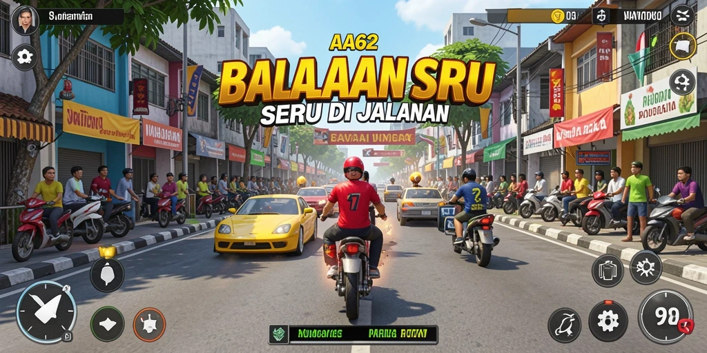 Screenshot gameplay AA62 menampilkan balapan yang mendebarkan dan mobil yang cepat.