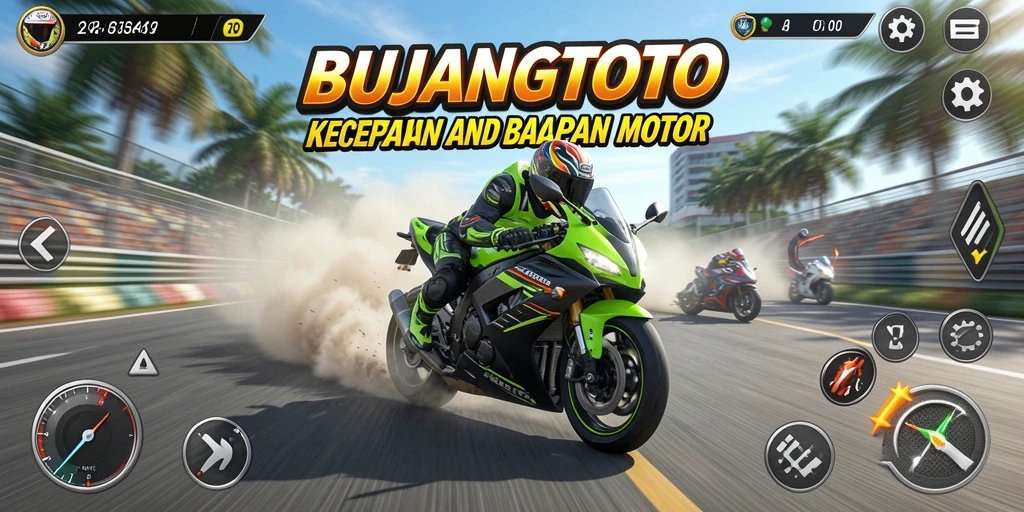 Tangkapan layar gameplay BUJANGTOTO menampilkan balapan mendebarkan dengan motor yang berkecepatan tinggi.