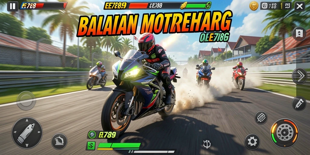 Screenshot gameplay EE789 menampilkan aksi balapan motor yang mendebarkan.