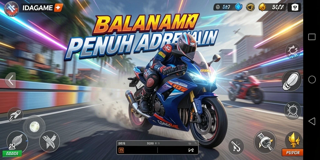 Tampilan gameplay seru di IDAGAME dengan balapan motor yang mendebarkan.