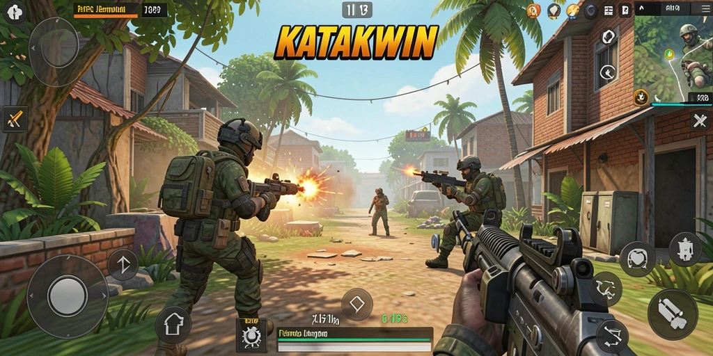 Screenshot gameplay KATAKWIN menampilkan pertempuran TPS yang intens.