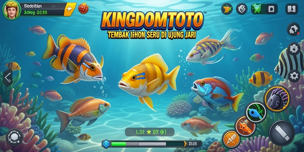 Tampilan gameplay KINGDOMTOTO saat berburu ikan berwarna-warni.