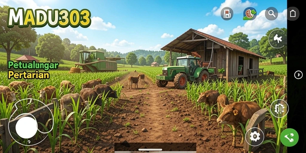 Tampilan gameplay seru di MADU303 dengan aktivitas bertani.