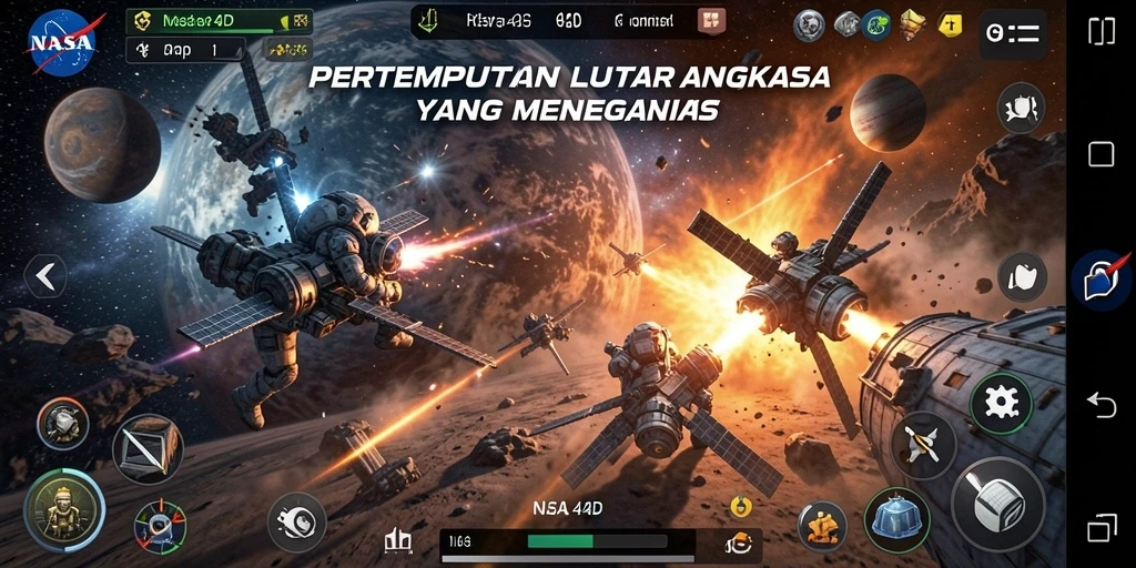 Screenshot gameplay NASA4D dengan pertempuran luar angkasa yang intens.
