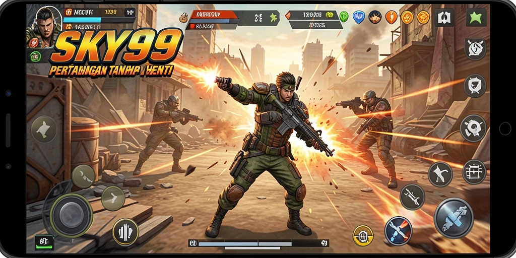 Tangkapan layar gameplay SKY99 menampilkan aksi seru dan karakter dinamis.