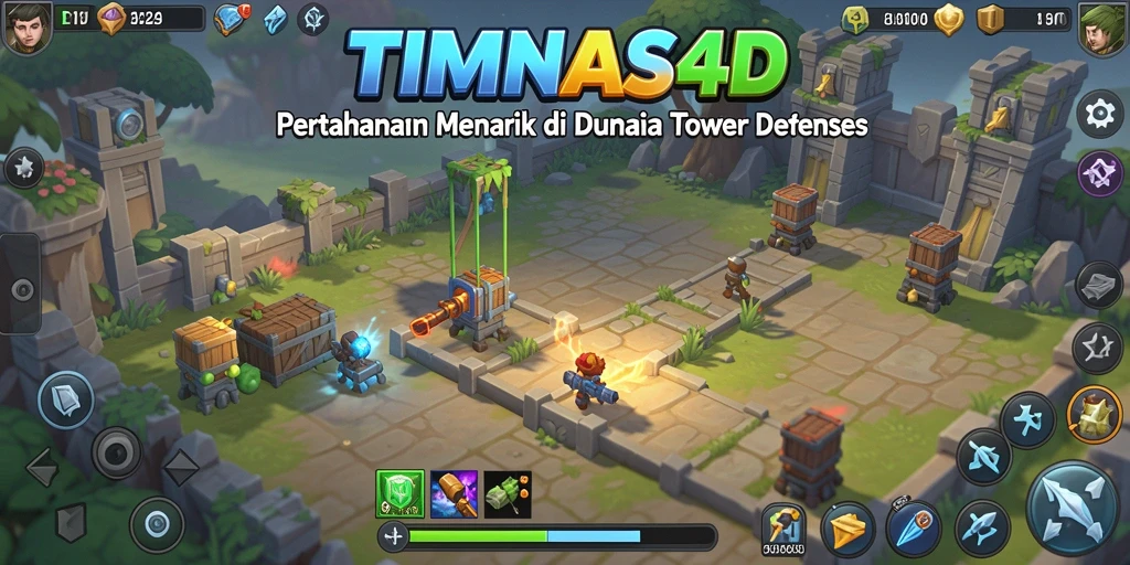 Gambaran gameplay TIMNAS4D dengan pertahanan menara melawan serangan musuh.