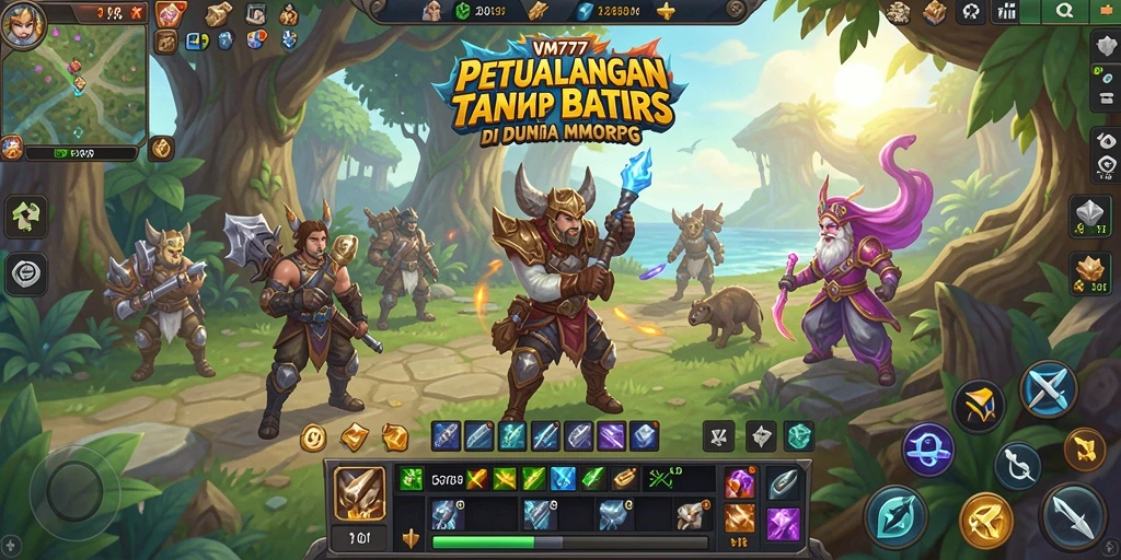 Screenshot gameplay VM777 menampilkan pertempuran epik di dunia MMORPG.
